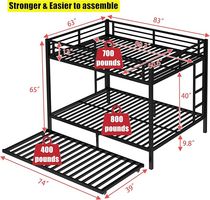 TSAMPA Latest Upgraded & Stronger Metal Bunk Bed Queen Over Queen Size, More Stable & Safer Steel Heavy Duty Bunkbed Frame with Twin Size Trundle (Queen Over Queen)