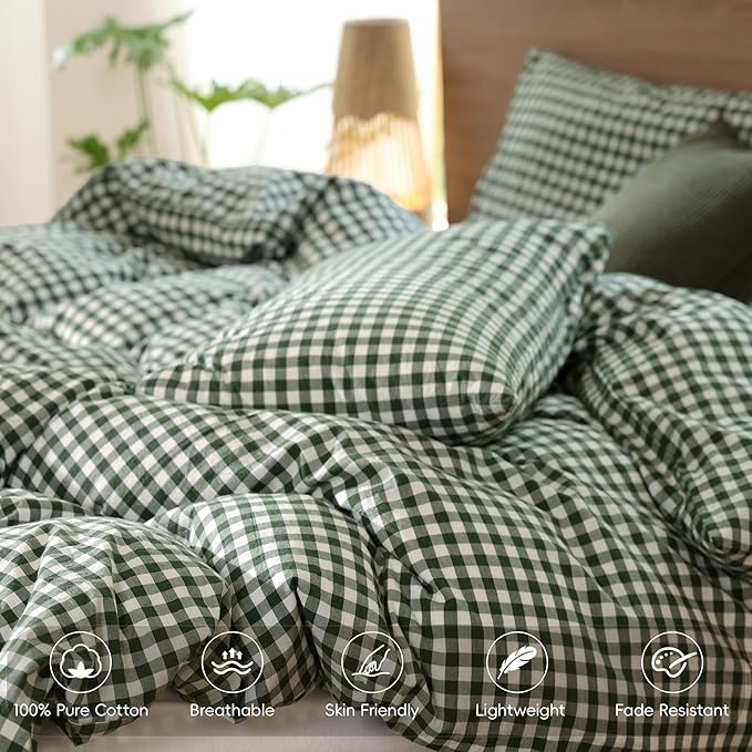 MooMee Gingham Duvet Cover Set 100% Washed Cotton Linen Like Textured Breathable Durable Soft Comfy Modern Checkered Design (Forest Green Gingham, Queen 90"x90")
