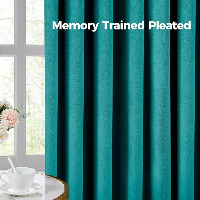Pinch Pleated 100% Blackout Curtains for Bedroom, Teal Velvet Curtains for Living Room, Black Out Curtain 84 inch Long Room Darkening, Blackout Pinch Pleat Drapes with Hooks 2 Panels