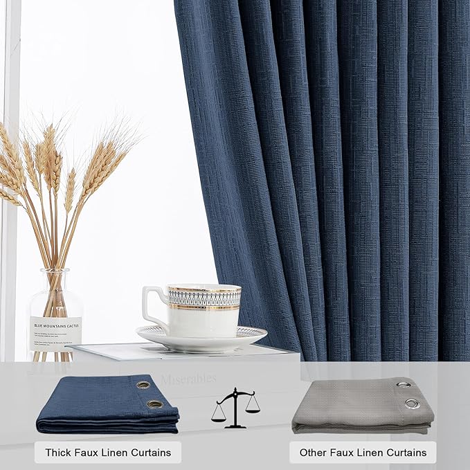 Linen Curtains 188 inch Length 2 Panels for High Ceiling Extra Long Thick Faux Linen Window Drapes Burlap Textured Curtains with Grommet for 2 Story High Living Room (52x188 Navy)