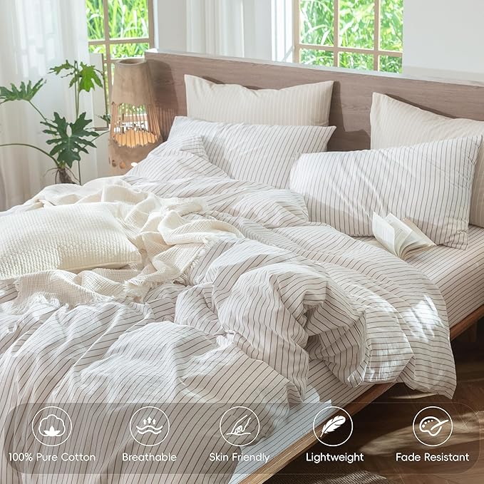 MooMee Striped Duvet Cover Set 100% Washed Cotton Linen Like Textured Breathable Durable Soft Comfy (White Orange Wide Stripes, King 104"x90")