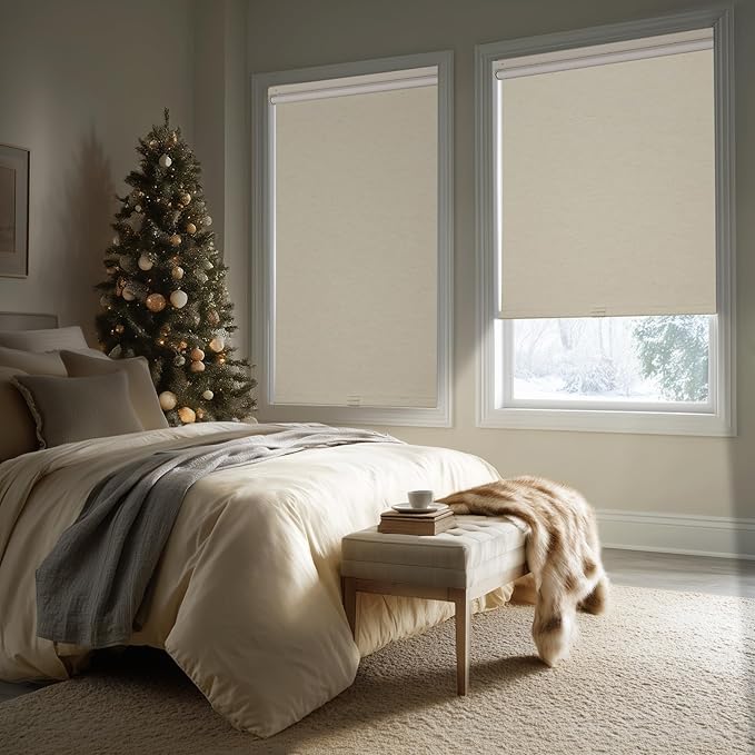 HESTIA No Drill Cordless Blackout Roller Shades Screwless Waterproof Shower Window Blinds, Auto-Retraction Easy Install Blind for Bedroom/Living Room/Kitchen, Cream Linen, 28" W x 54" H