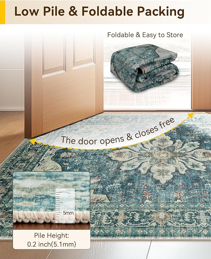 Area Rugs Square 6ft Washable Non-Slip, Floral Vintage Distress Print Pattern Medallion Carpet for Living Room Bedroom Dining Room, Dark Blue Vintage