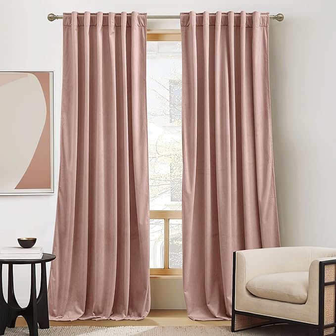 RYB HOME Rose Pink Velvet Curtains 102 inches, Back Tab Soft Fabric Room Darkening Thermal Insulated Luxurious Home Decor Curtains for Living Room Bedroom, W 52" x L 102", 2 Panels Set