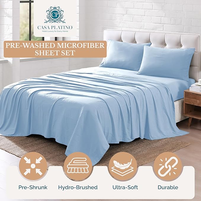 Casa Platino Twin XL Size Sheet Set, 3 Piece Set Includes Twin XL Flat Sheet, Twin XL Fitted Sheet and 1 Pillowcase, Brushed Ultra Soft Microfiber with Deep Pockets – French Blue