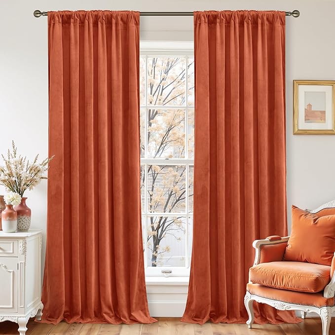 LAMIT Terracotta Velvet Curtains 84 Inch for Living Room, Rust Fall Decor Room Darkening Panels for Farmhouse Thermal Noise Reducing Bedroom Drapes with Back Tab and Rod Pocket, 2 Panels, 52 x 84 Inch