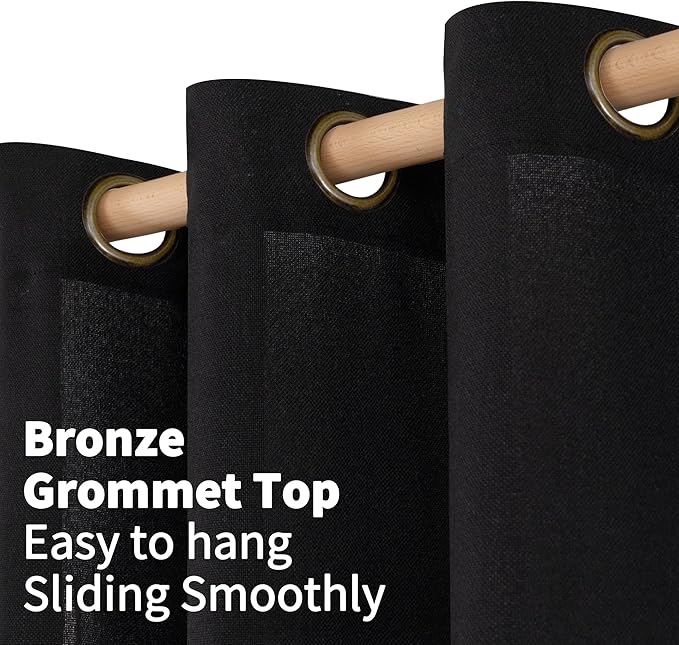 YoungsTex Black Linen Curtains 40 Inch Length for Kitchen Cafe Window, Short Semi Sheer Drapes with Bronze Grommet Textured Privacy for Bedroom Bathroom, 42 x 40 Inch, 2 Panels