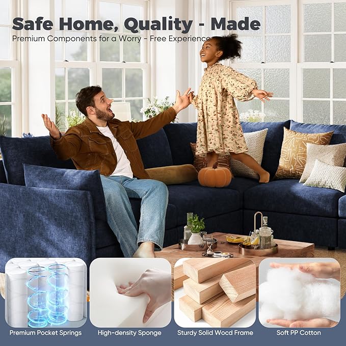 ABCASA Luxury Modular Sectional Sofa, L-Shaped 3-Seat Couch with Storage Ottoman Deep Seat & Reversible Chaise Lounge Chenille Blue for Compact Spaces, Apartments, Dorm