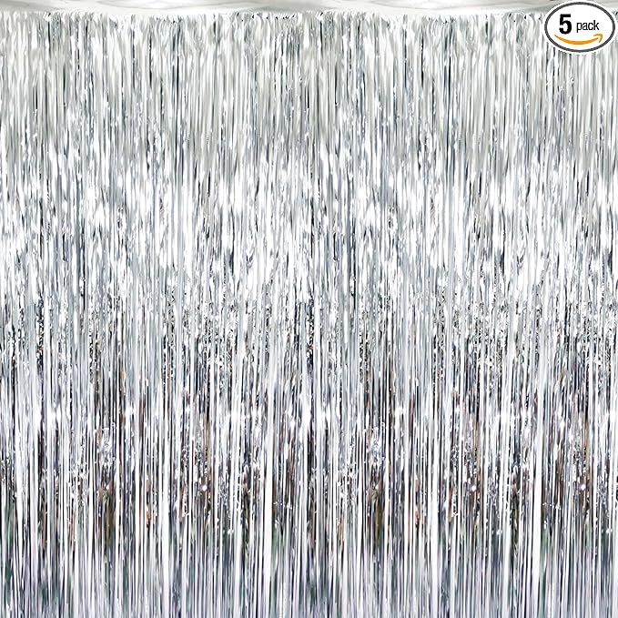 GOER 3.2 ft x 8.2 ft Metallic Tinsel Foil Fringe Curtains Party Photo Backdrop Party Streamers for Birthday,Graduation,New Year Eve Decorations Wedding Decor (Silver,5 pcs)