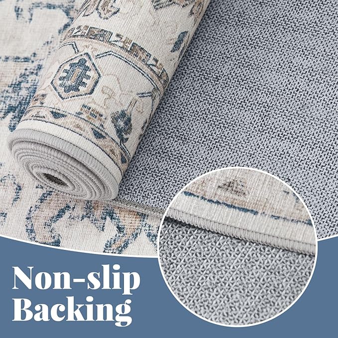 jinchan Lima Kitchen Runner Rug 3x8 - Vintage Floral Machine Washable Non-Slip Hallway Runner Rug with Rubber Backing Ultra-Thin Carpet for Bedroom Laundry Room Farmhouse (3x8ft, Blue)