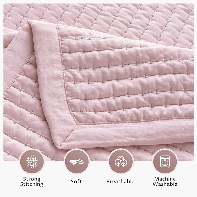Oversized King Quilt Set 112"x106" – Soft Washed 3-Layer Lightweight California King Bedspread, Minimalist Nordic Design, All-Season Spring & Summer Quilt Set (1 Quilt + 2 Pillow Shams), Pink