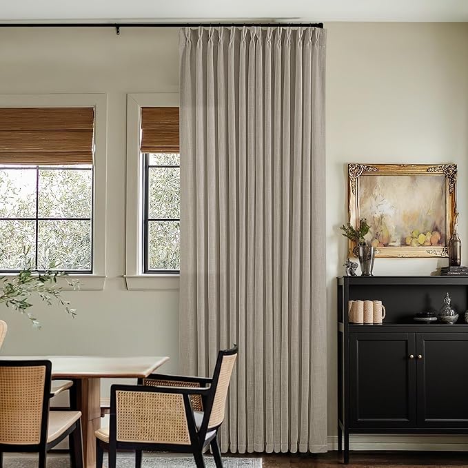 Extra Wide Curtains 60 Inch Width 84 Inches Long for Living Room Bedroom Light Filtering Semi Sheer Farmhouse Pleated Curtain Hooks Rings for Patio Sliding Door Large Window Burlywood Taupe 1 Panel