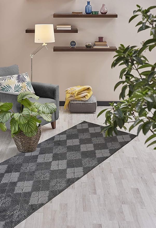 Custom Length Hallway Runner Rug,Slip Resistant,Squares Anthracite, 26 Inch X 28 feet, Sold and Priced Per Foot