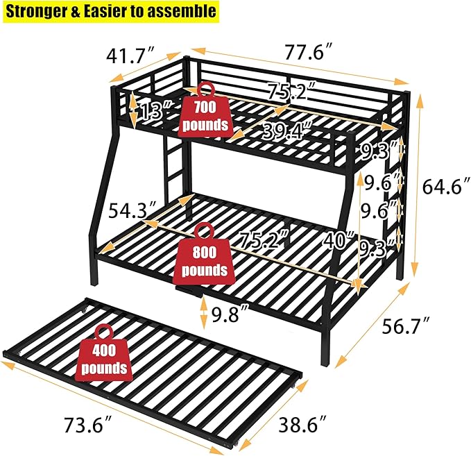 TSAMPA Latest Upgraded & Stronger Metal Bunk Bed Twin Over Full Size, More Stable & Safer Steel Heavy Duty Bunkbed Frame with Twin Size Trundle (Twin Over Full)