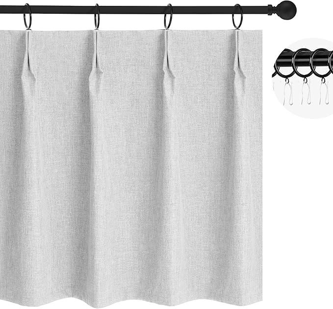WdFour 30x24 Inch Pinch Pleated Blackout Cafe Curtains - Pack of 2, 100% Light Blocking Back Tab Drapes for Half Windows, Kitchen & Bathroom Short Curtains (Greyish White)