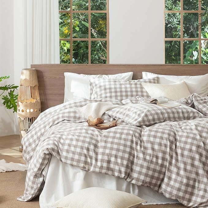 MooMee Gingham Duvet Cover Set 100% Washed Cotton Linen Like Textured Breathable Durable Soft Comfy Modern Checkered Design (Buffalo Plaid Tannish Linen Grey, Queen 90"x90")