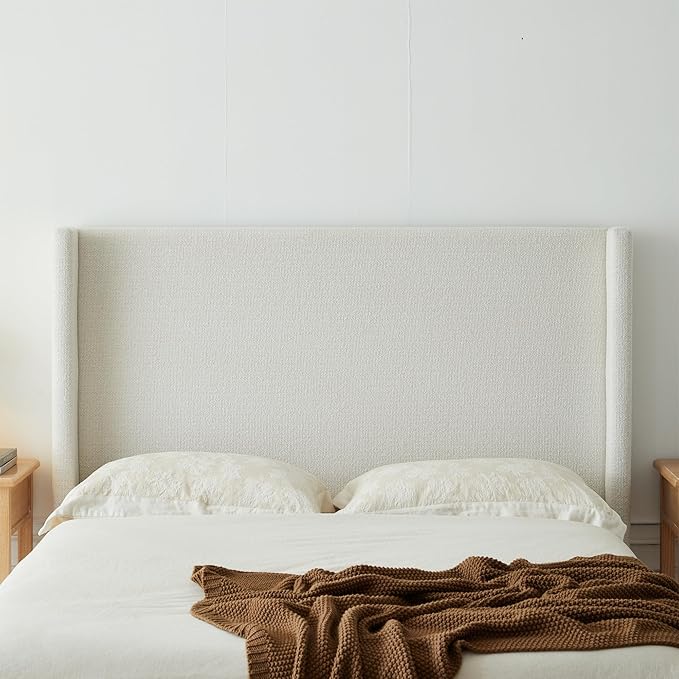 California King Size Upholstered Platform Bed Frame, 52.5" Tall Headboard Hosford Wingback Bedframes, Wood Base Floor Beds, No Box Spring Needed, No Noise, Minimalist, Cream White Boucle