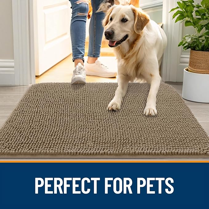 OLANLY Dog Door Mat for Muddy Paws 35x24, Absorbs Moisture and Dirt, Absorbent Non-Slip Washable Doormat, Quick Dry Chenille Mud Mat for Dogs, Entry Indoor Entryway Carpet for Inside Floor, Tan