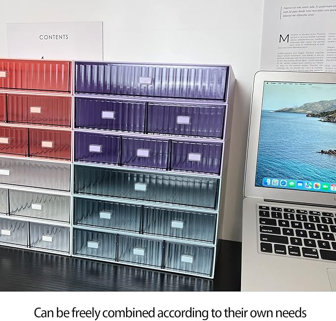 Stackable Office Drawer Organizer - Plastic Storage Drawer, Desk Grocery Organizer For Stationery/Office Supplies (Red, 3 Compartment)
