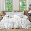 MooMee Striped Duvet Cover Set 100% Washed Cotton Linen Like Textured Breathable Durable Soft Comfy (White Heathered Green Wide Stripes, Alaska King 132"x120")