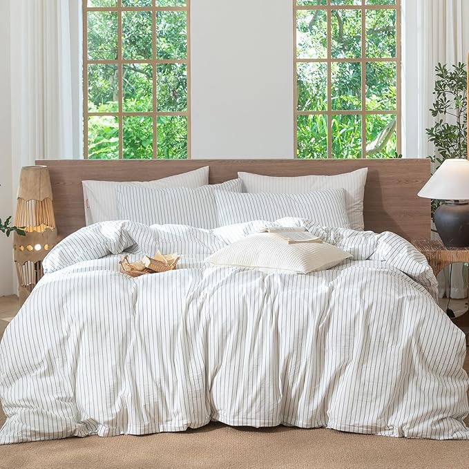 MooMee Striped Duvet Cover Set 100% Washed Cotton Linen Like Textured Breathable Durable Soft Comfy (White Heathered Green Wide Stripes, Oversized King Plus 128"x120")