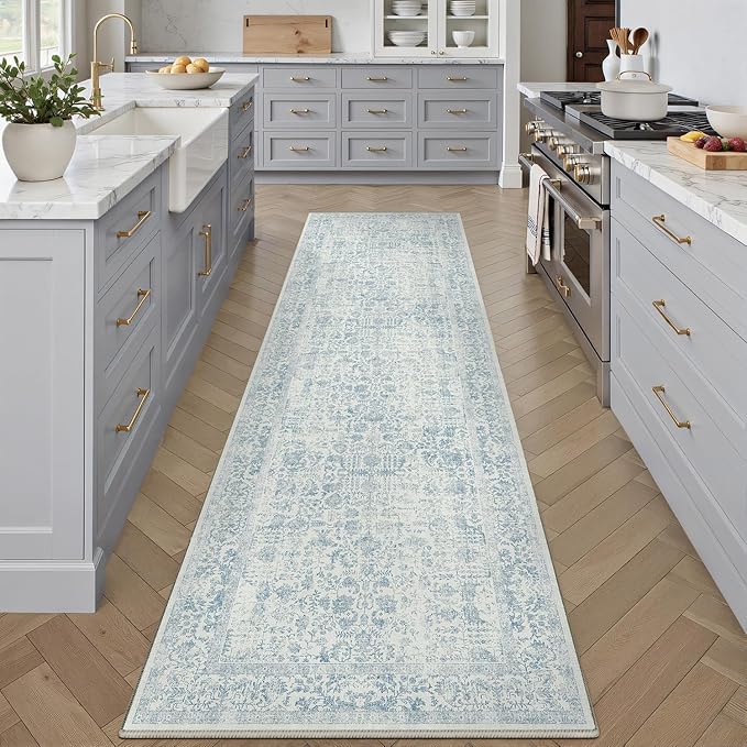 Blue Runner Rug 3x12 Hallway Machine Washable Kitchen Vintage Distressed Non Slip Long Carpet Indoor Retro Floral Bedroom Accent Throw Rug for Bathroom Office Laundry Dining Room