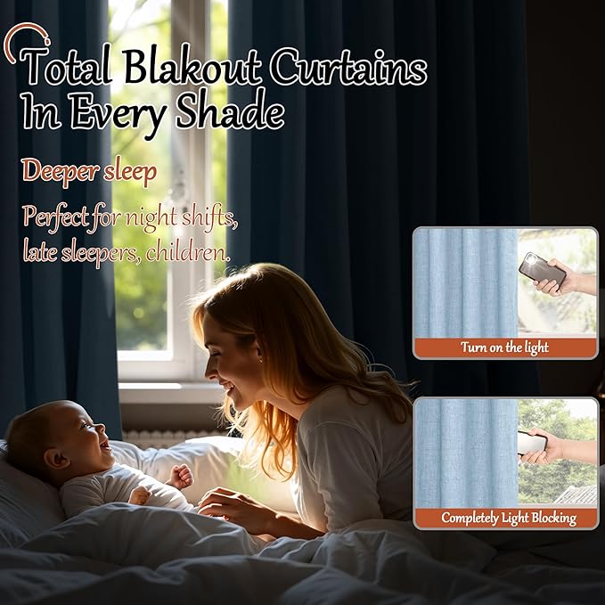 Baby Blue Linen Blackout Curtains for Nursery 63 Inch Length 2 Panels Set, Thermal Insulated Boho Total Black Out Noise Reducing Bonzer Grommets Window Curtains for Kids Bedroom, Each 52 Inch Wide