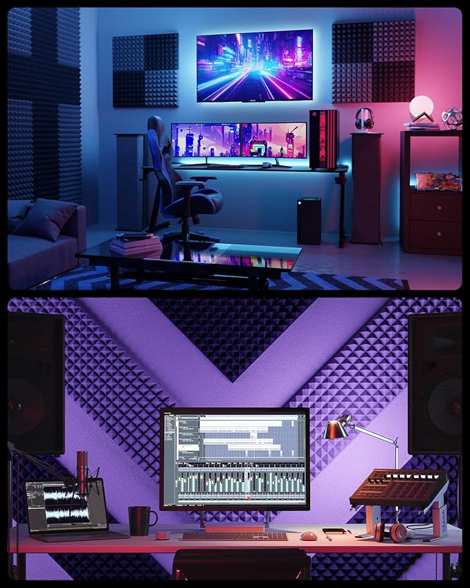 Sonicism Sound Proof Foam Panels for walls Self-Adhesive 30 Pack Pyramid 12" X 12" X 2" Acoustic Panels 35kg/m³High Density,Soundproof Wall Panels Fast Expand,Sound Absorption and Decoration,Black