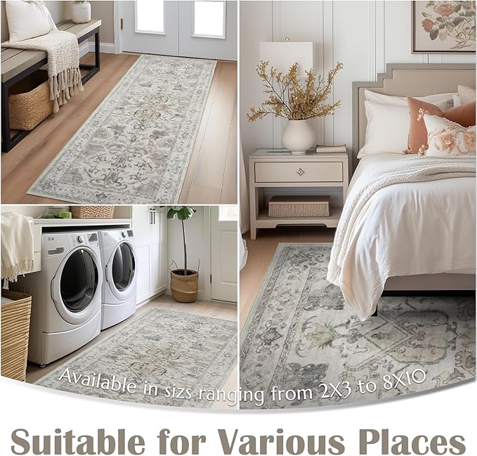 jinchan Hallway Runner Rug 3x10 Machine Washable - Vintage Floral Non-Slip Low-Pile Soft Ultra-Thin Faux Wool Kitchen Rug Distressed Carpet Runner for Farmhouse Bedroom Laundry Room (3x10ft, Taupe)