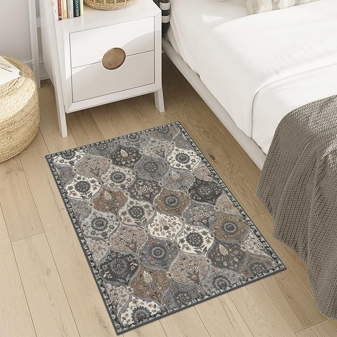 Lahome Moroccan Trellis Area Rug, 2x3 Entryway Rug Non-Slip Washable Indoor Door Mat, Small Oriental Accent Throw Carpet for Bedroom Kitchen Entry Bathroom, Grey