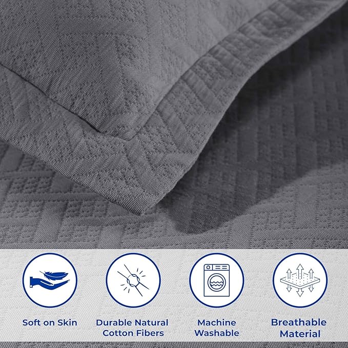 Superior 3 Piece Basketweave Cotton Bedspread Set, Home Bed Decor, Decorative Bed Spread, 2 Pillow Shams, Medium Weight Blanket, Matelasse Coverlet Bedding, Geometric Lattice Pattern, Full, Grey