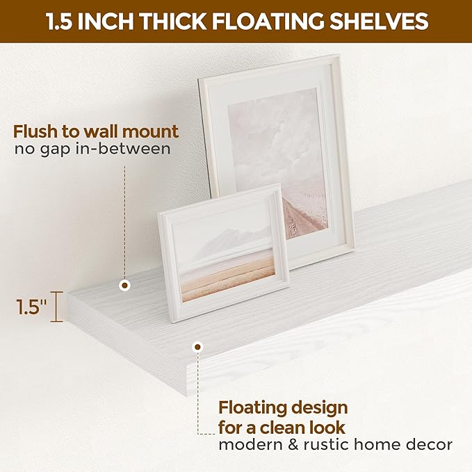 Fun Memories Farmhouse Floating Shelves for Wall, 48 x 9.3 Large Floating Shelf Wall Mounted, Rustic Wood Shelves for Bathroom, Kitchen, Living, Heavy-Duty Storage Deep Shelf for Books, Decor, White