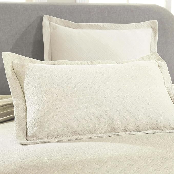 Superior 3 Piece Basketweave Cotton Bedspread Set, Home Bed Decor, Decorative Bed Spread, 2 Pillow Shams, Medium Weight Blanket, Matelasse Coverlet Bedding, Geometric Lattice Pattern, King, Ivory