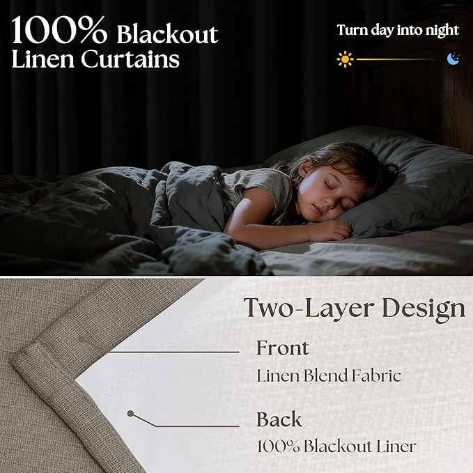 Taupe Grey Pleated Linen Blackout Curtains 80 Inches Long for Bedroom Living Room Pinch Pleat Black Out Thermal Insulated Ring Hooks Room Darkening Drapes Brownish Gray 80 Inch Curtains with Liner