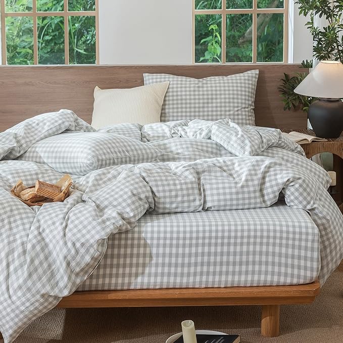 MooMee Gingham Duvet Cover Set 100% Washed Cotton Linen Like Textured Breathable Durable Soft Comfy Modern Checkered Design (Northern Droplet Grey Gingham, Super Queen 90"x98")
