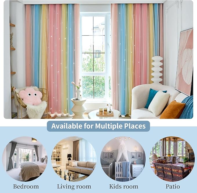 Star Blackout Curtains for Bedroom - Rainbow, 84 Inches Long, 2 Panels - Red, Yellow & Blue