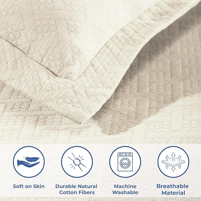 Superior 3 Piece Basketweave Cotton Bedspread Set, Home Bed Decor, Decorative Bed Spread, 2 Pillow Shams, Medium Weight Blanket, Matelasse Coverlet Bedding, Geometric Lattice Pattern, King, Ivory