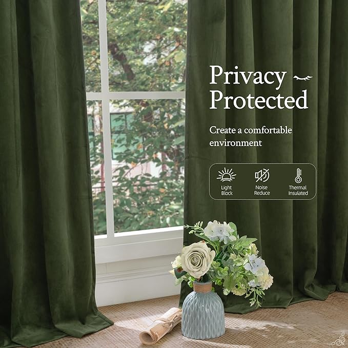 LAMIT Olive Green Velvet Curtains 84 Inch for Living Room, Luxury Thermal Insulated Blackout Curtains Room Darkening Back Tab and Rod Pocket Window Drapes for Bedroom, 2 Panels, 52 x 84 Inch
