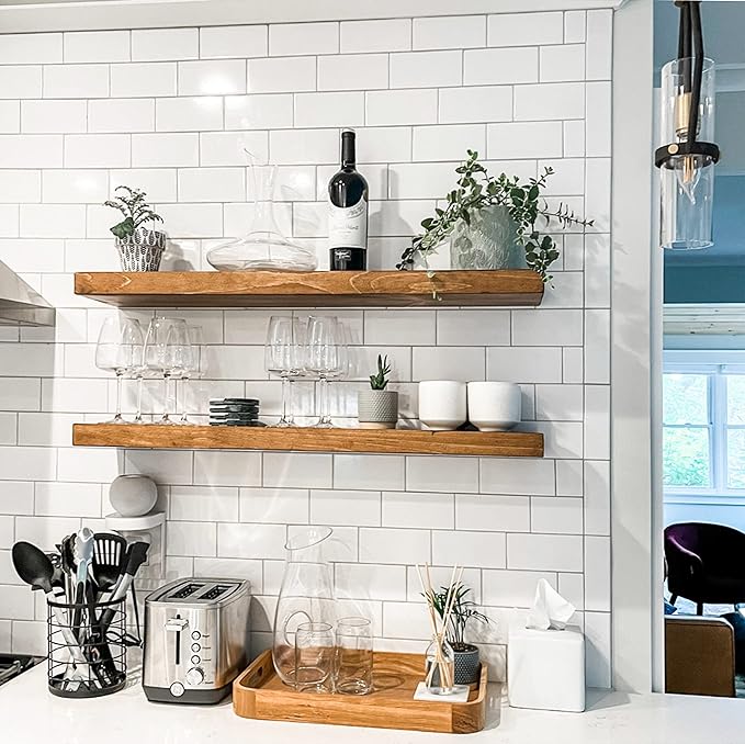 URBANDI, Rustic Floating Shelves, Set of 2, Hidden Bracket, Solid Wood, Heavy Duty, Wall Mounted Shelves, (Brown, 24Wx10D)