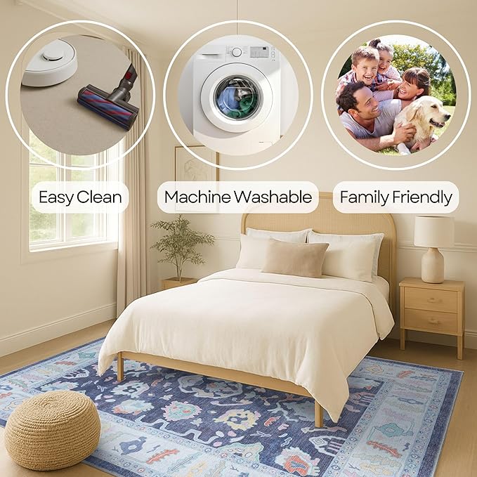 Fame Rugs Navy Blue Modern Oushak Rug 9x12, Vintage Turkish Colorful Oriental Washable Antique Inspired Oversize Area Rugs, Luxury Living Room Bedroom (386PBL, 9' x 12) (388NB, 9' x 12)