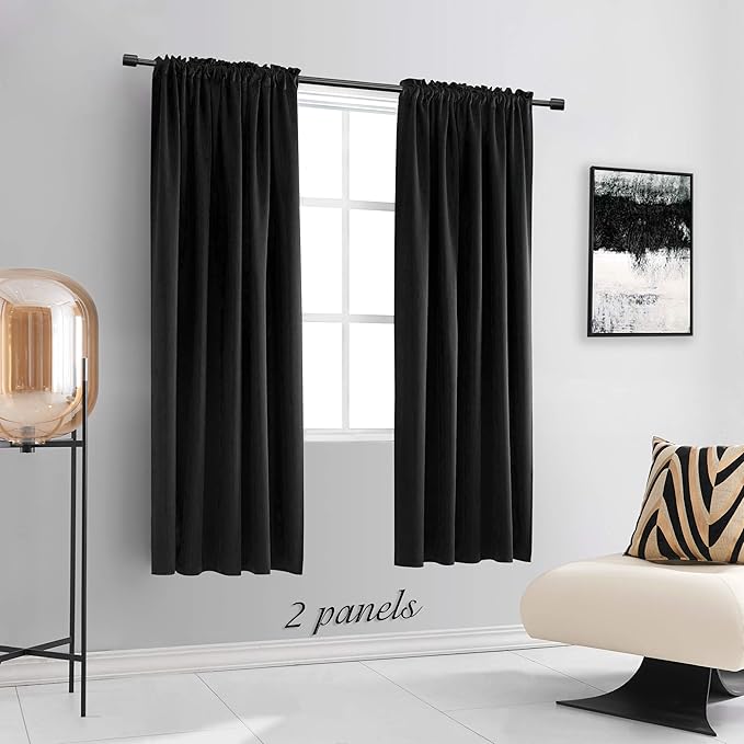 DONREN 99 Percent Blackout Curtain Panels for Bedroom - 72 Inch Length Thermal Insulating Blackout Rod Pocket Drapes for Small Windows (42 x 72 Inches,Set of 2 Panels,Black)