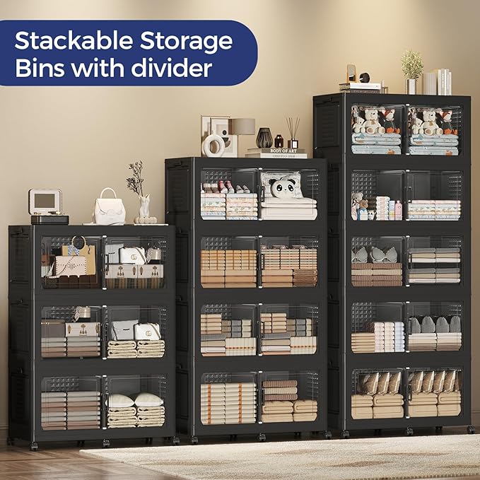 250GAL Storage Bins with Lid and Wheels, Stackable Closet Organizers and Storage Drawer, Collapsible Storage Box with Dividers, Foldable Plastic Cabinets for Room, Kitchen, 5 Pack Black