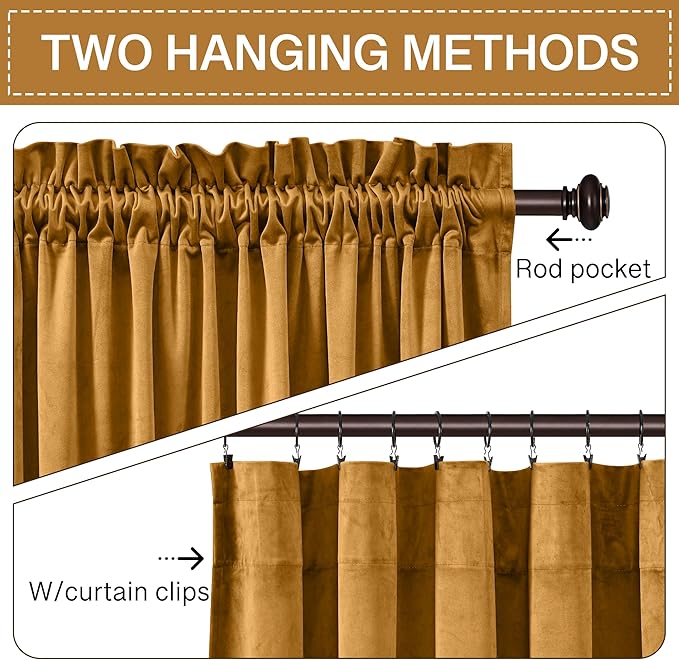 StangH Mustard Gold Fall Curtains - Stylish Velvet Blackout Drapes for Living Room, Soft Energy Efficient Curtains for Bedroom, Vibrant Home Decor, W52 x L100, 2 Panels