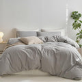 MooMee Striped Duvet Cover Set 100% Washed Cotton Linen Like Textured Breathable Durable Soft Comfy (Light Grey White Wide Stripes, Cal King 104"x98")
