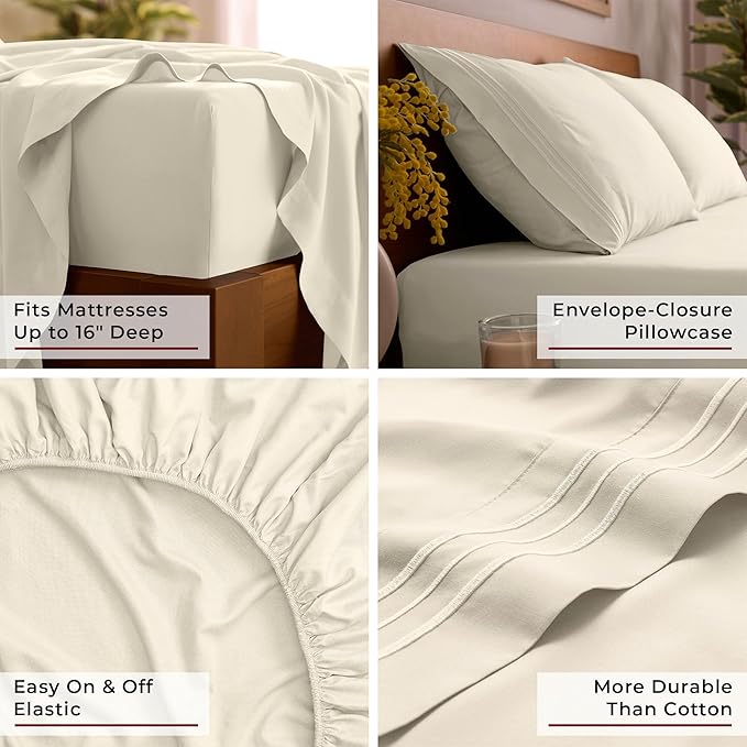 Mellanni California King Sheet Set - 6-Piece Iconic Collection Bedding, (Including 4 Pillowcases), 16-Inch Deep Pocket, Easy Care, Extra Soft, Cooling Sheets, Brushed Microfiber - Golden Ivory