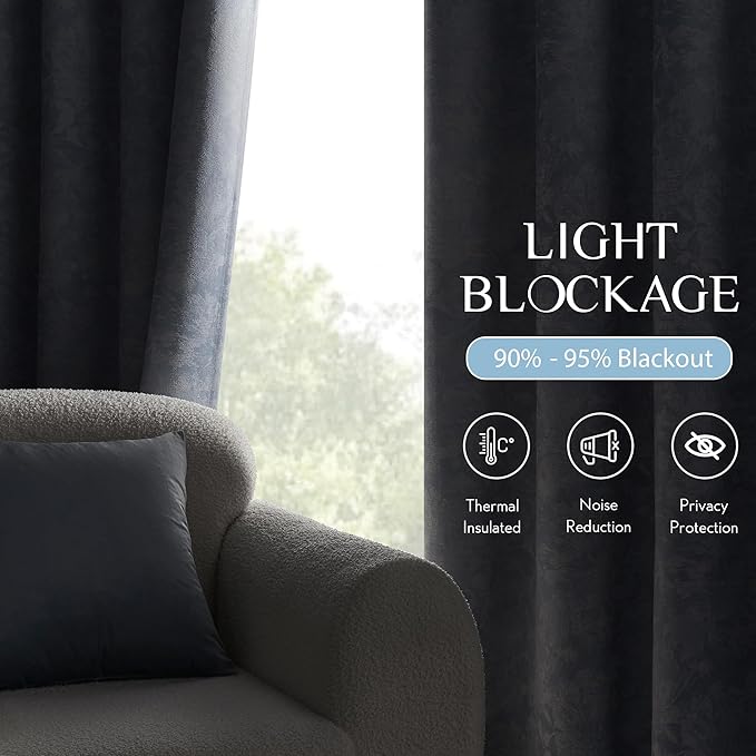 Beauoop Blue Floral Jacquard Blackout Curtains 120 Inches Long 2 Panels for Bedroom Living Room Chenille Flower Room Darkening Thermal Insulated Soundproof Grommet Window Treatments Drapes, 52x120