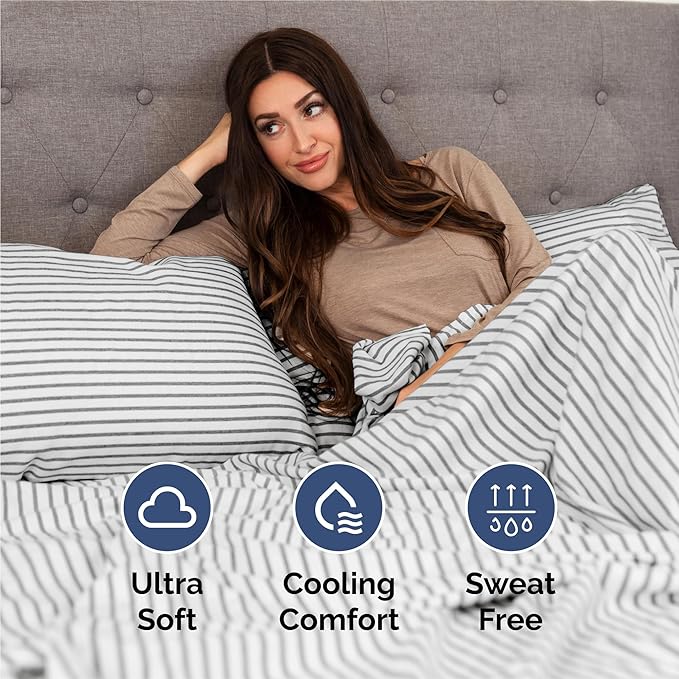 Split King 7 Piece Sheet Set - Cooling & Breathable - Hotel Luxury Bedding Includes Fitted Sheets for Women, Men, Kids & Teens - 1 Flat, 2 Fitted Sheets, 4 Pillowcases w/Deep Pockets - Grey Stripes