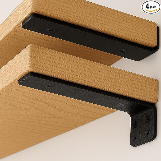 Floating Shelf Bracket 6 Inch of 4 Pack Heavy Duty Shelf Brackets Black Coated Metal L Bracket Wall Shelf Support DIY Brackets with 1/5 Inch Thick and 160 LBS Load Capacity