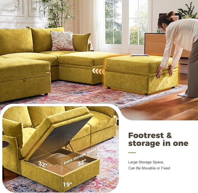 ABCASA 134.6" Luxury Modular Sectional Convertible Sofa with Storage Ottoman, L-Shape 5-Seat Oversized Comfy Couch Deep Seat with Reversible Chaise - Chenille Yellow