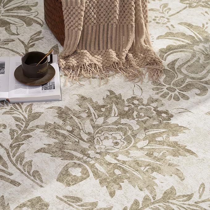 jinchan Torino Runner Rugs 3x8, Vintage-Inspired Floral Neutral Design Machine Washable Non-Slip Ultra-Thin Low-Pile Rubber Backing Traditional Rug for Kitchen Hallway Laundry Room Entryway Taupe